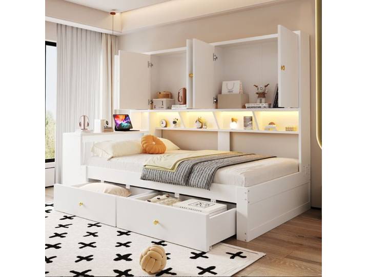 Lit combiné simple - ZEVKOR - 90×200 - Bureau intégré - 2 tiroirs - LED intégrée