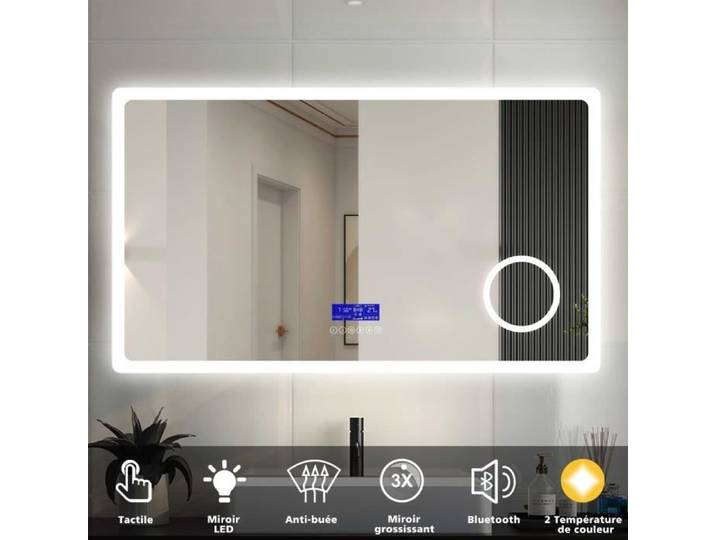 Miroir rond de salle de bain LED - MARQUE - 100cm x 60cm - Antibuée - Bluetooth - Miroir grossissant