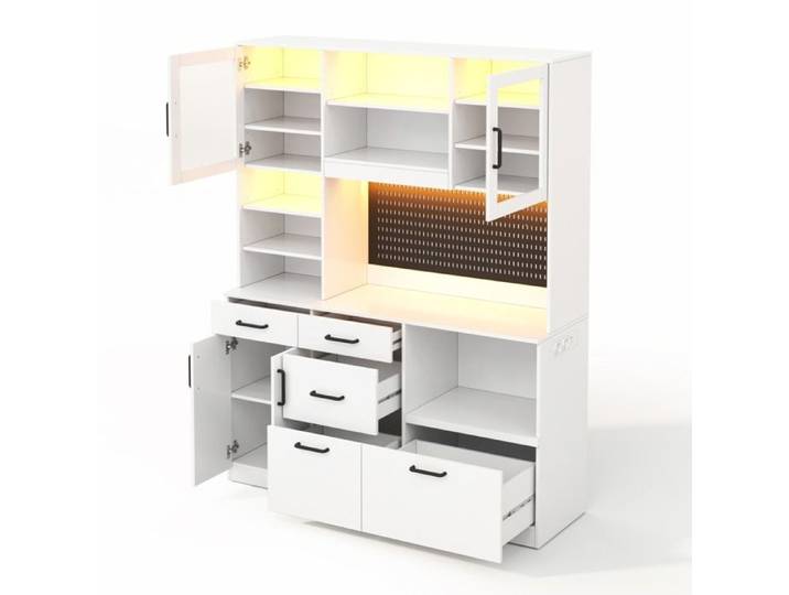Buffet de cuisine avec plan de travail prise intégrée et LED RGB - LPOSPI - 5 tiroirs MDF blanc 145 × 40 × 185 cm