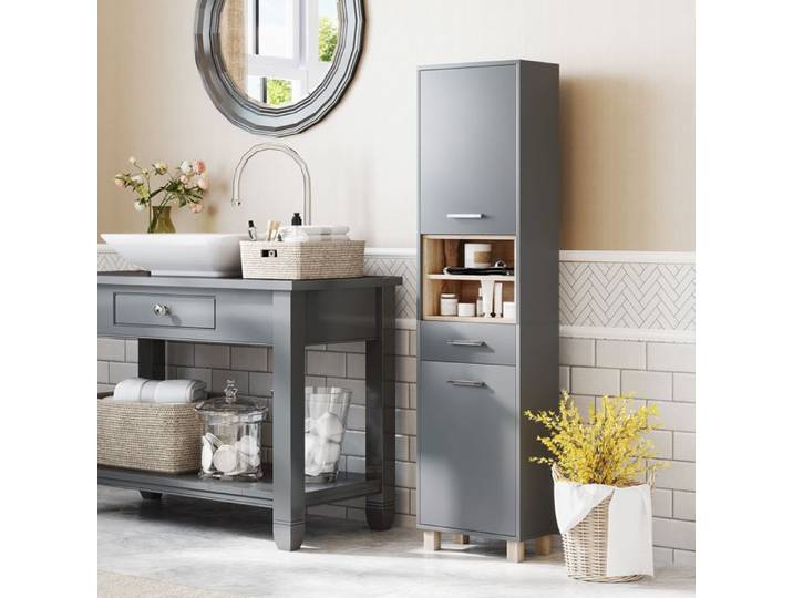 Colonne salle de bain meuble salle de bain rangement avec 2 placards tiroir et 2 compartiments ouverts gris