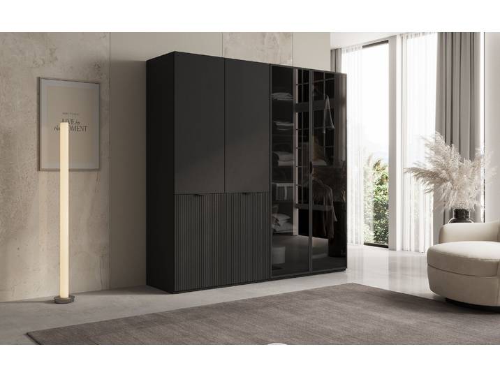 Moduro Nero – Modularer Kleiderschrank mit Glas- und Strukturfront - Beige - Luxusbetten24