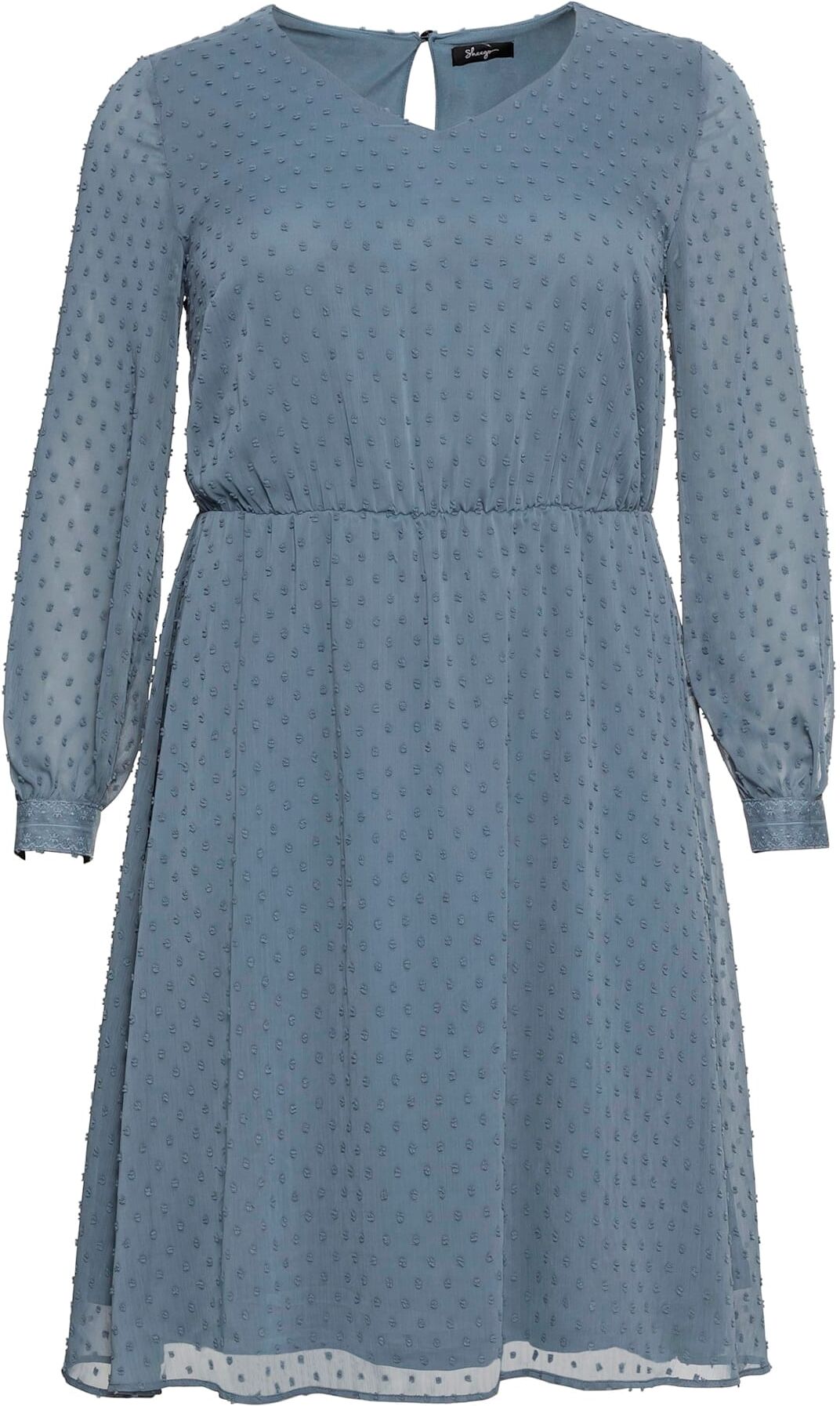 Abendkleid SHEEGO "Abendkleid", Damen, Gr. 48, Normalgrössen, Langarm, blau (stahlblau), 100% Polyester, gemustert, unifarben, knielang, V-Ausschnitt, Kleider Abendkleid stahlblau 48, Normalgrössen, Langarm