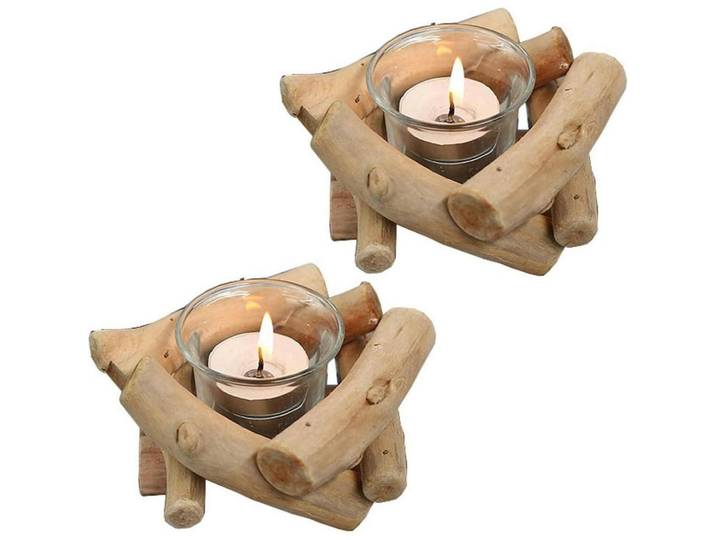 Teelichthalter 2er Set Holz mit Glasbecher, Hellbraun, 8 cm, Dekoration, Kerzen & Kerzenhalter, Teelichthalter