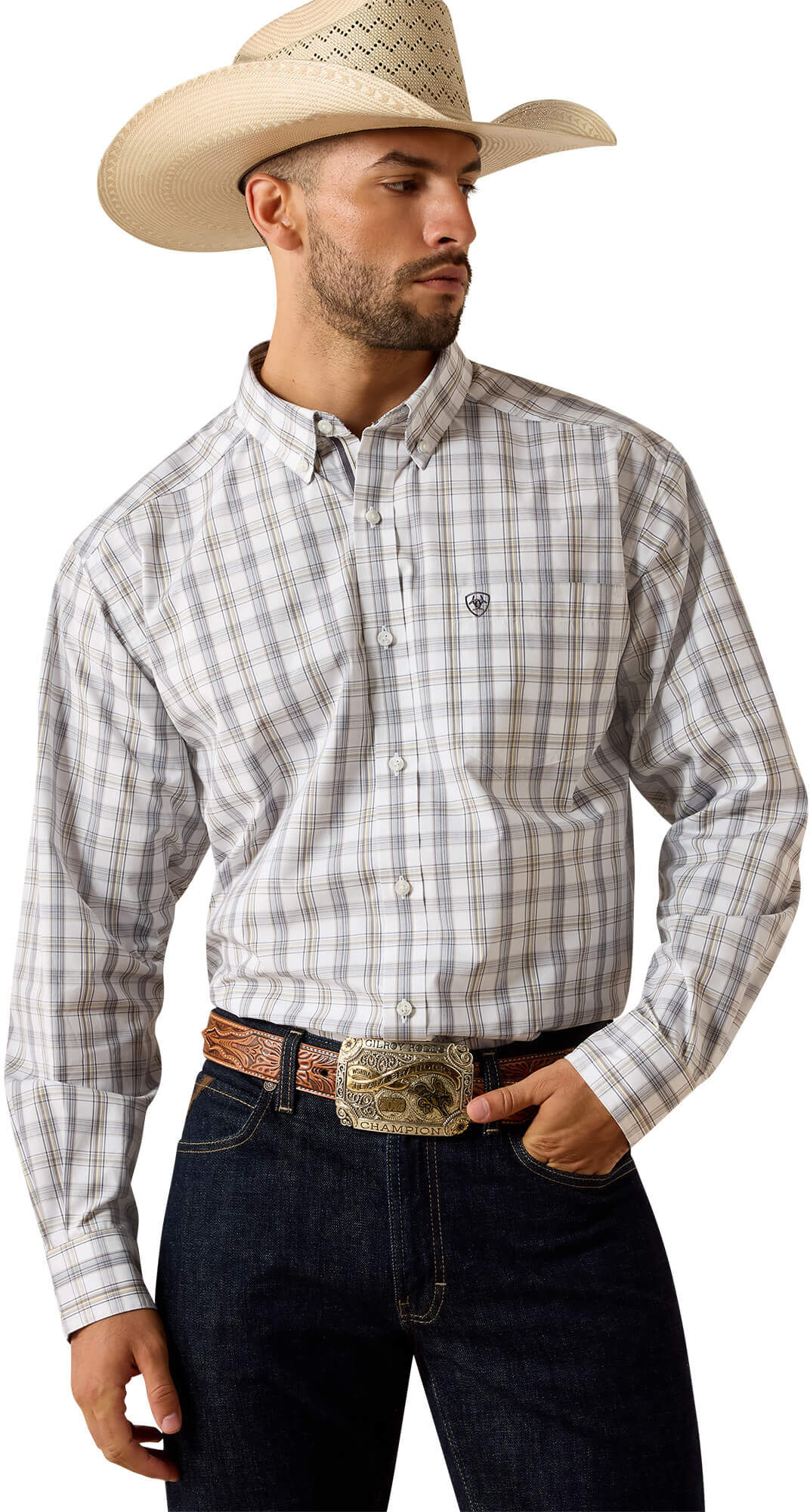 Men's Pro Series Phoenix Classic Fit Shirt in White Plaid, Size: 2XL by Ariat