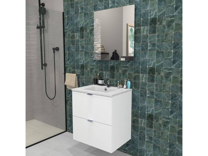 Meuble sous-vasque 2 tiroirs MALAGA 60 cm + vasque + miroir / Blanc