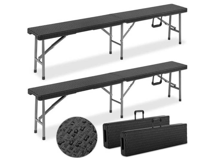 Set de 2 bancs de jardin pliables 180cm acier aspect polyrotin bac d'extérieur camping vacances pique-nique anniversaires