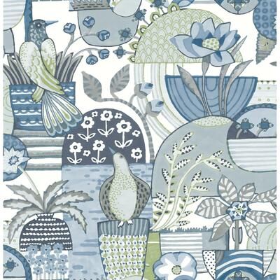 A-Street Prints Fika Blue Blissful Birds and Blooms Wallpaper