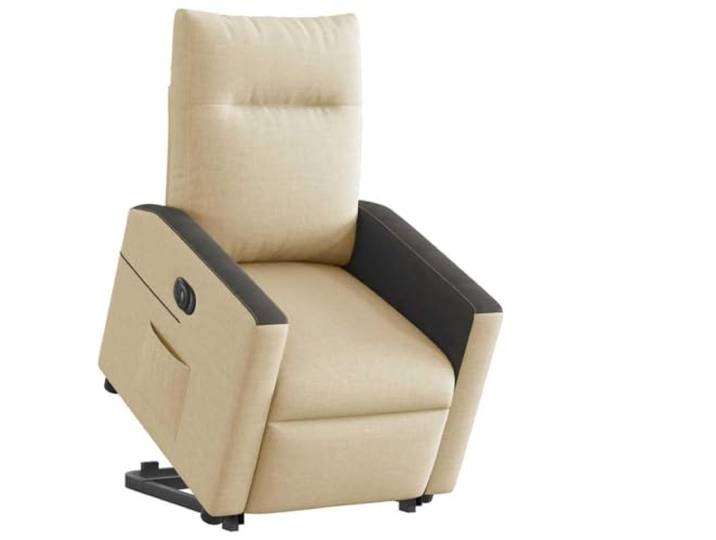 Elektrischer Relaxsessel mit Aufstehhilfe Creme Stoff Elektromotor, Aufstehhilfe, Liegefunktion 135 Grad, Seitentasche, Holz- und Metallrahmen, Stoffbezug, TV-Sessel