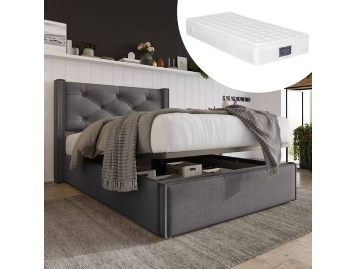 Lit complet enfant 90x200 cm lit simple sommier à lattes rangement coton gris avec matelas