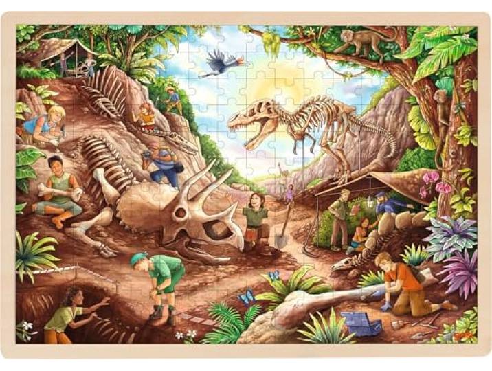 Goki 57395 puzzel van hout, dinosaurus, 46,5 x 33 x 1 cm, 192 delen, meerkleurig