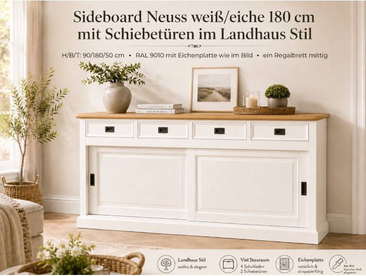 Wohnpalast Sideboard Sideboard Neuss weiss/eiche 180 cm mit Schiebetüren im Landhaus Stil