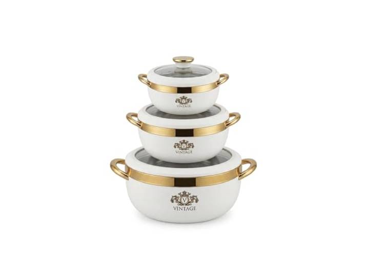 Jaypee Vintage Thermo-Casserole Set3-teilig Weiß/Gold Isolierbehälter Warmhaltebehälter aus Edelstahl für Speisen & Essen,Warmhaltetopf Set mit Deckel (1000ml,1500ml,2000ml),BPA-frei Met Kajal Sticker