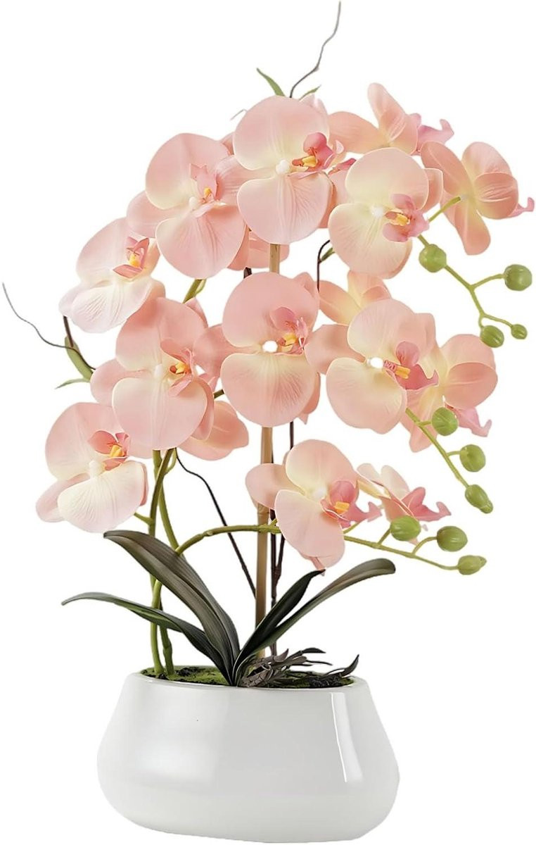 Kunst Orchidee Arrangement met Zijden Bloemen in een Pot - Roze - Hoogte: 43 cm