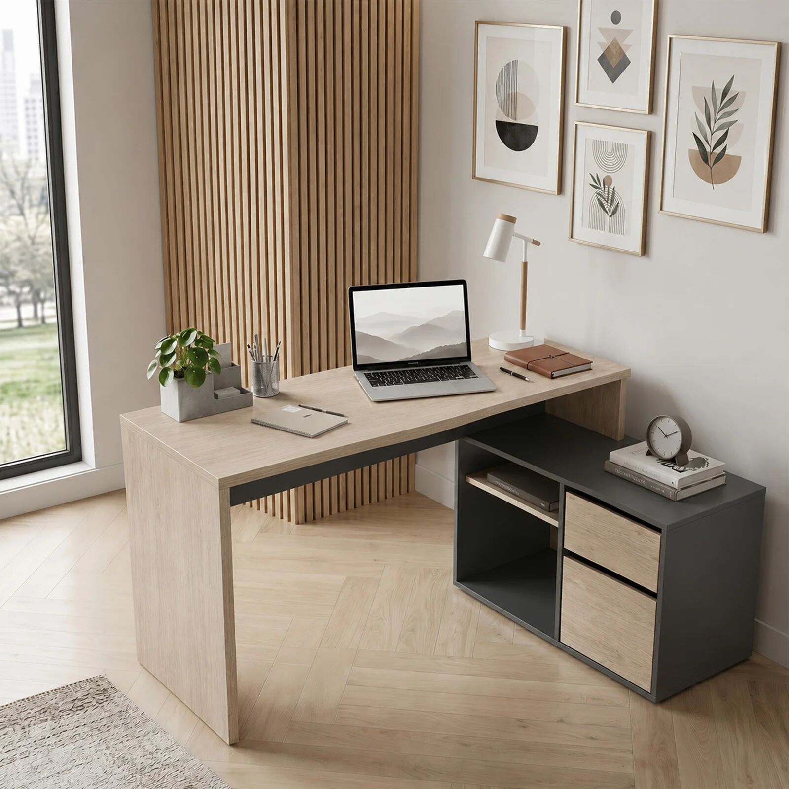 garneroarredamenti Scrivania 139x92cm ufficio angolare moderna rovere grafite Teddy