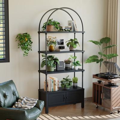 SUGIFT Arched 5-Tier Bookshelf with Lower Door Cabinet 72-in Tall Open Display Storage Shelf for Bedroom Living Room Home Office Black