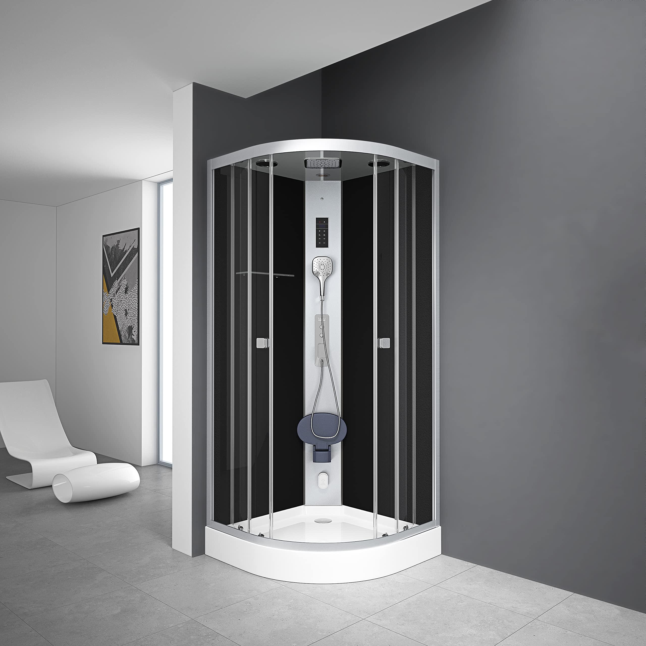 Komplettdusche 90×90×215 cm, Duschtasse, Gleittüren, 5 mm ESG, Armatur