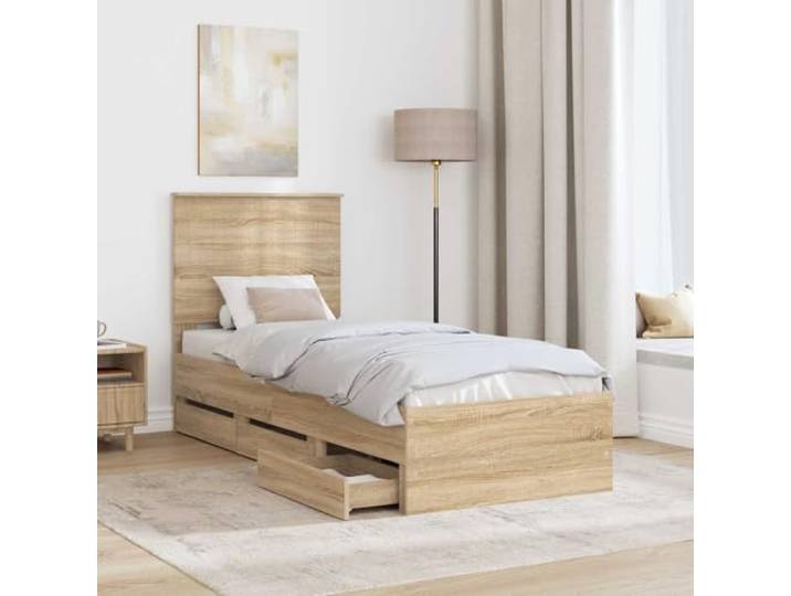 SKTQYQO Bettgestell Eiche Sonoma 75 x 190 cm Technisches Holz, selbsttragendes Design, feste Latten, versteckte Schubladen, einfache Wartung