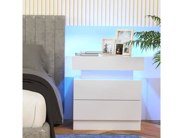Table de nuit DHHOZAMZ - LED - Blanche - 45x35x52cm - 2 tiroirs - Façade brillante