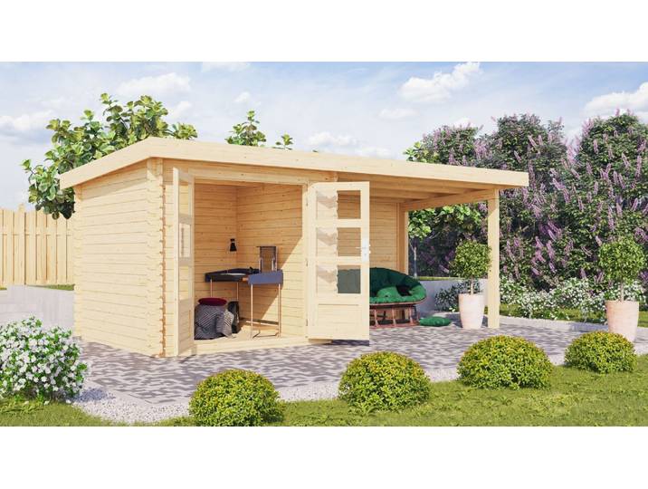 Blockbohlenhaus Bastrup 2 naturbelassen im Set mit Anbaudach 3 m breit, 28 mm Rückwand
