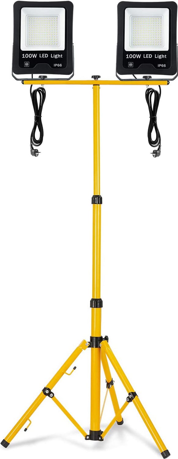 XMTECH LED bouwlamp met statief, 2 x 100W, warmwit, IP66 werklamp en floodlight