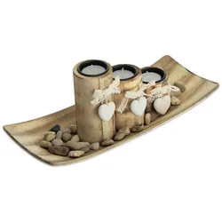 Relaxdays Teelichthalter, 3 Kerzenhalter mit Herz, Tablett & Steine, Tischdeko Wohnzimmer & Esszimmer, Kerzendeko, braun