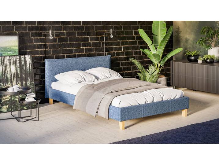 S-Style Möbel Gabriella - Polsterbett Boucle Stoff Füße aus Massivholz - Blau
