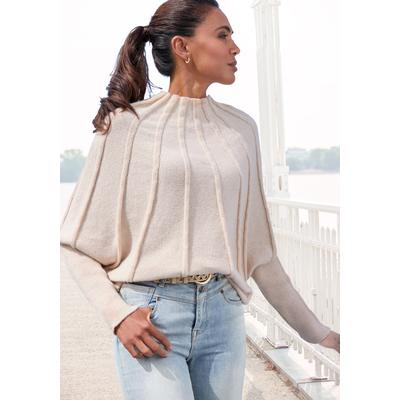 Strickpullover LASCANA "mit langen Fledermausärmeln", Damen, Gr. 32/34, beige, Strick, Obermaterial: 100% Polyester, unifarben, figurumspielend, Fledermausärmel, Pullover Strickpullover, modischer Damenpullover, Oversize-Pulli mit Stehkragen, kuschelig