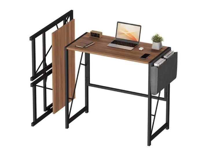 Bureau pliant ultra-fin - 80 x 40 x 72 cm - Déploiement 8s - Bois/métal - Petit espace/télétravail - Marron