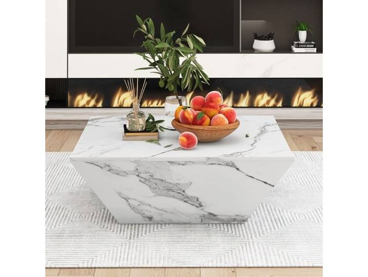 Table Basse de Salon - 70x70x37cm - Design Trapèze Moderne Effet Marbre avec 2 Tiroirs de Rangement - Blanc