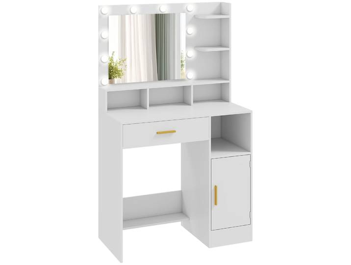 Coiffeuse avec miroir et 10 lumières led en mdf blanc