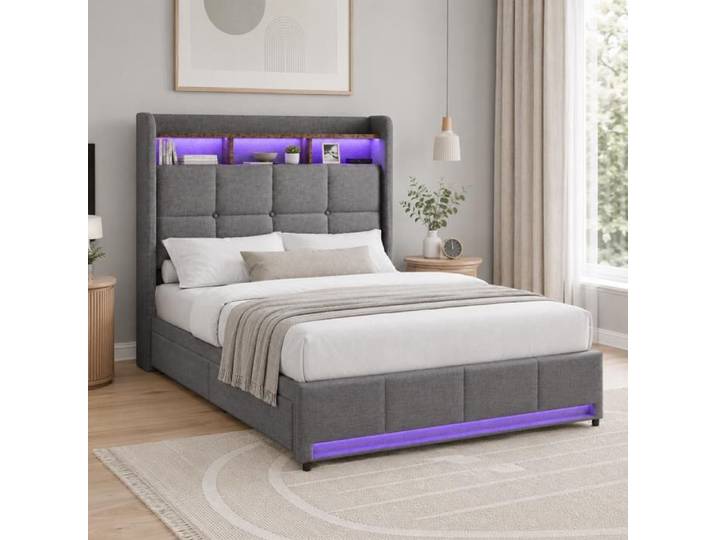 Lit Coffre Capitonné avec LED-DADEA-Cadre de Lit 90x200 Lit Rembourré avec 2 tiroirs Lit Simple avec USB et USB-C Gris Lin