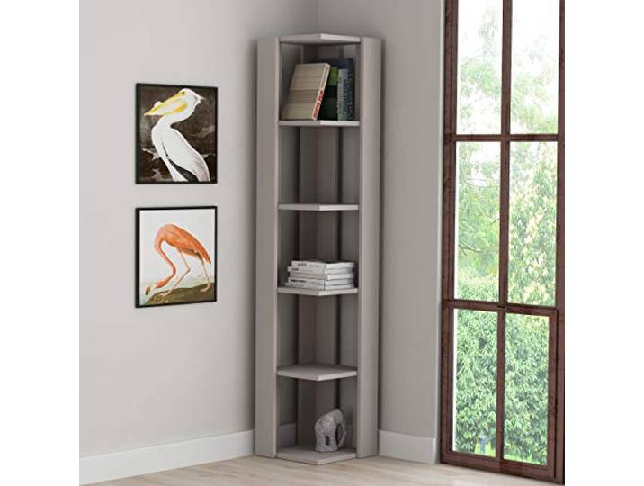 HOCUS PICUS Eckregal mit 5 Ebenen, 161 cm, Mokka hell Einfache Montage, Wohnzimmermöbel, Bücheraufbewahrung, Ausstellungseinheit, 161 x 34 x 34 cm