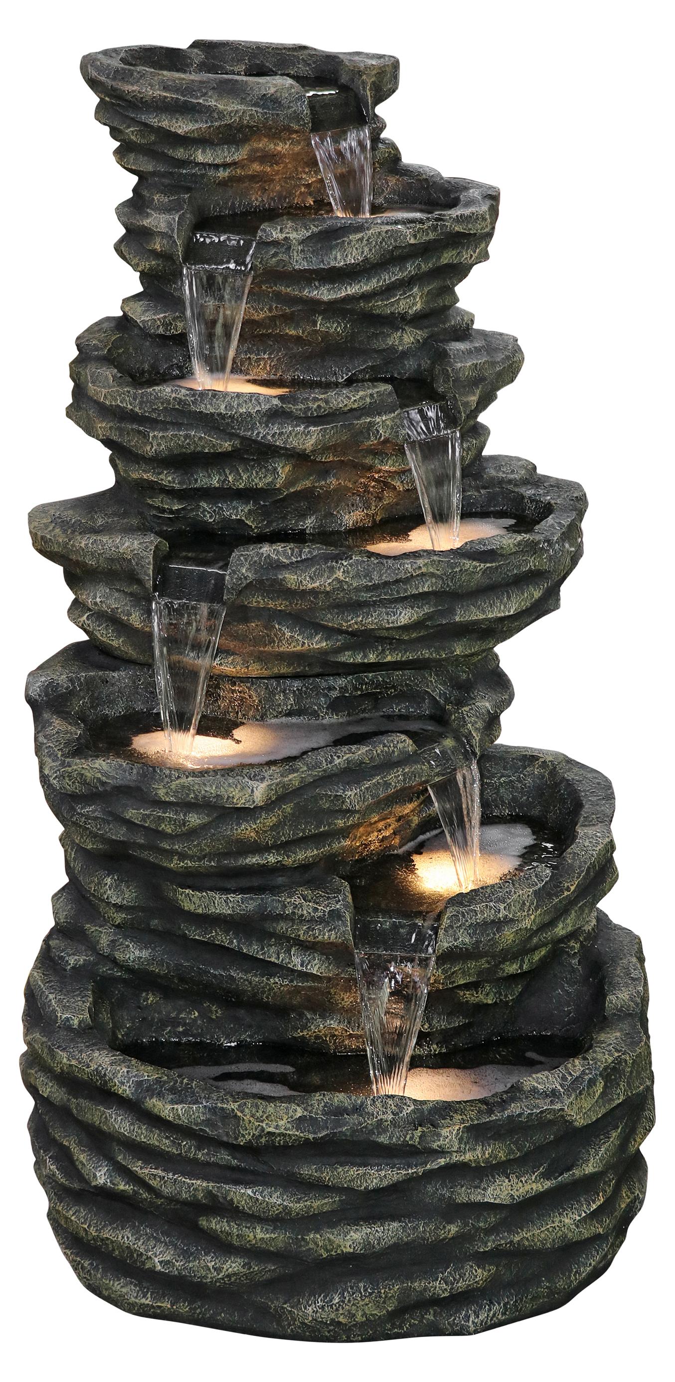Dehner Gartenbrunnen Roccia, LED Beleuchtung warmweiß, Steinoptik, inkl. Pumpe / Trafo, 87 x 81.5 x 150 cm, 44.5 kg, Polyresin, braun / grau