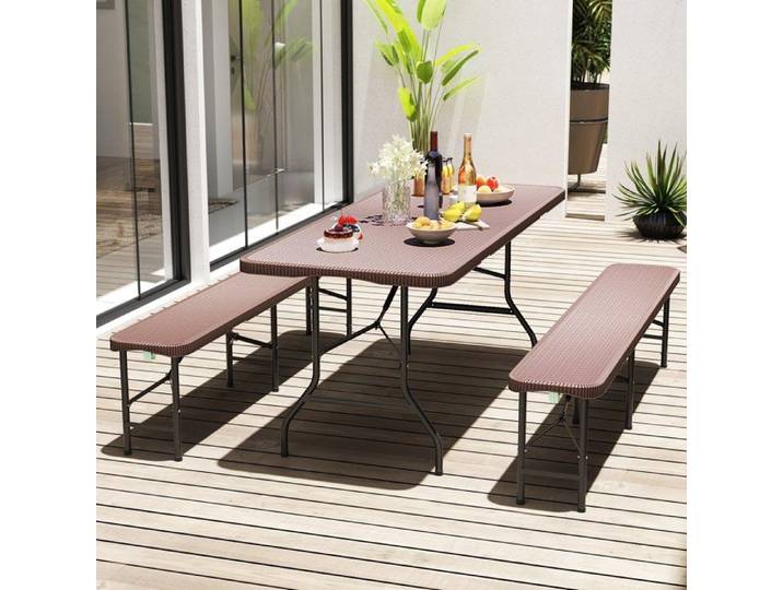 Ensemble de Table et Chaises de Jardin COSTWAY 3 PCS Pliables en HDPE Table 180cm avec 2 Bancs 180cm Verrou Sécurisé Marron