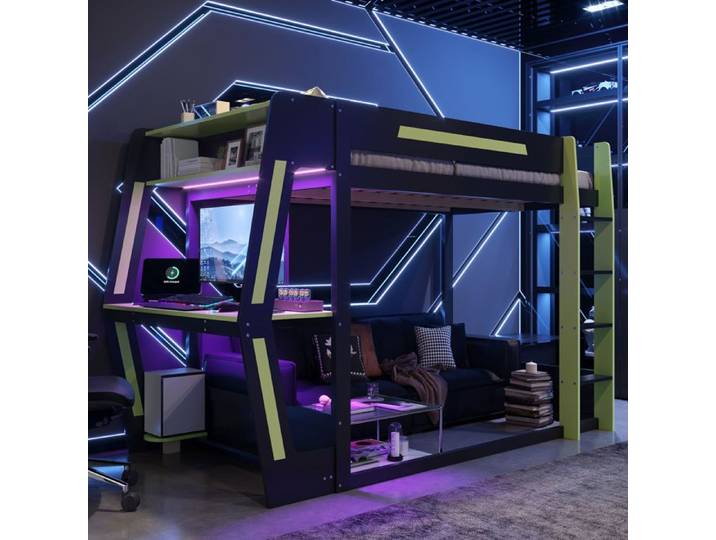 Lit Mezzanine Gaming 120x200 cm espace sous le lit aménageable à volonté avec bureau rangements et éclairage LED noir et vert
