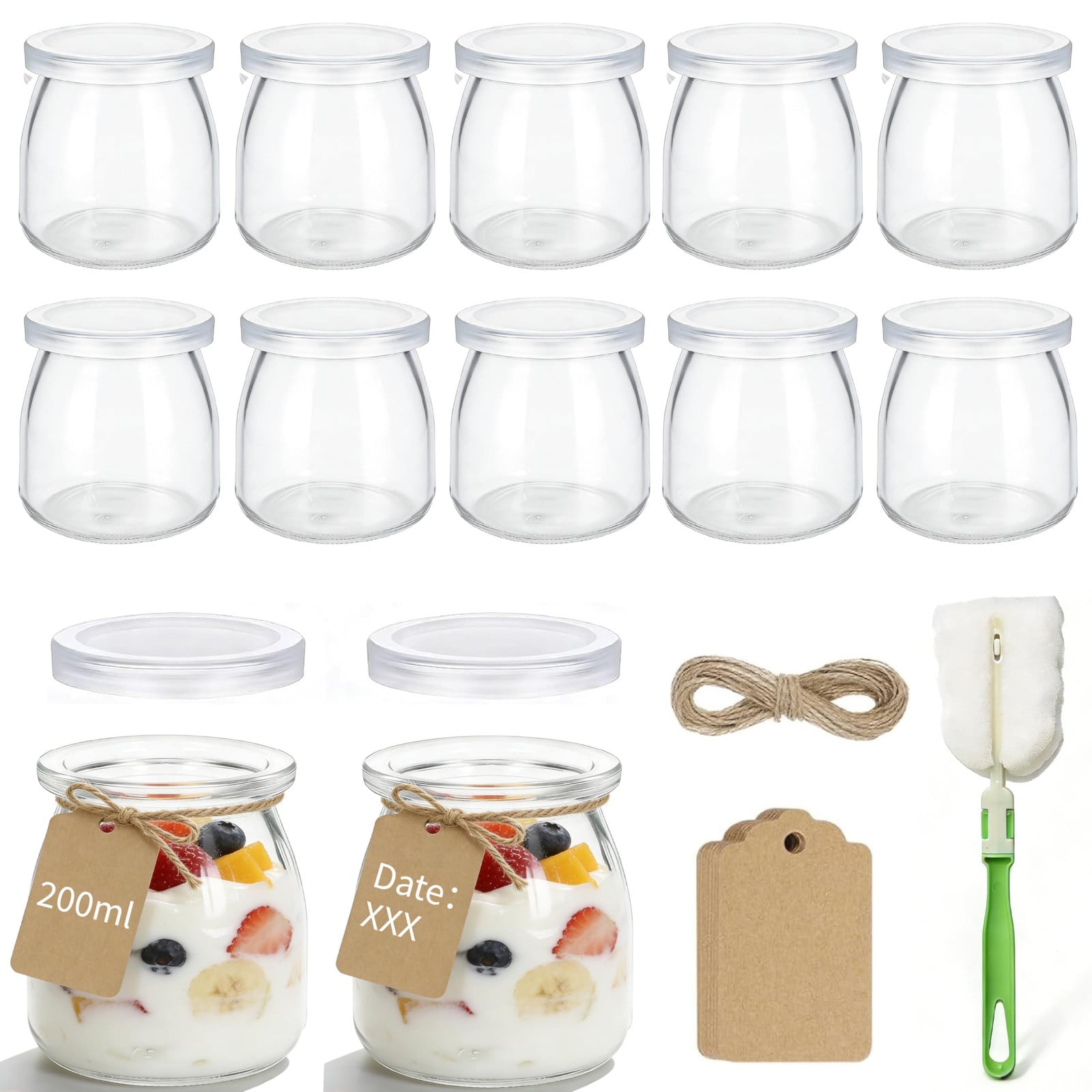 Dripio Set van 12 dessertglazen met deksel, 200 ml, helder glas, BPA-vrij