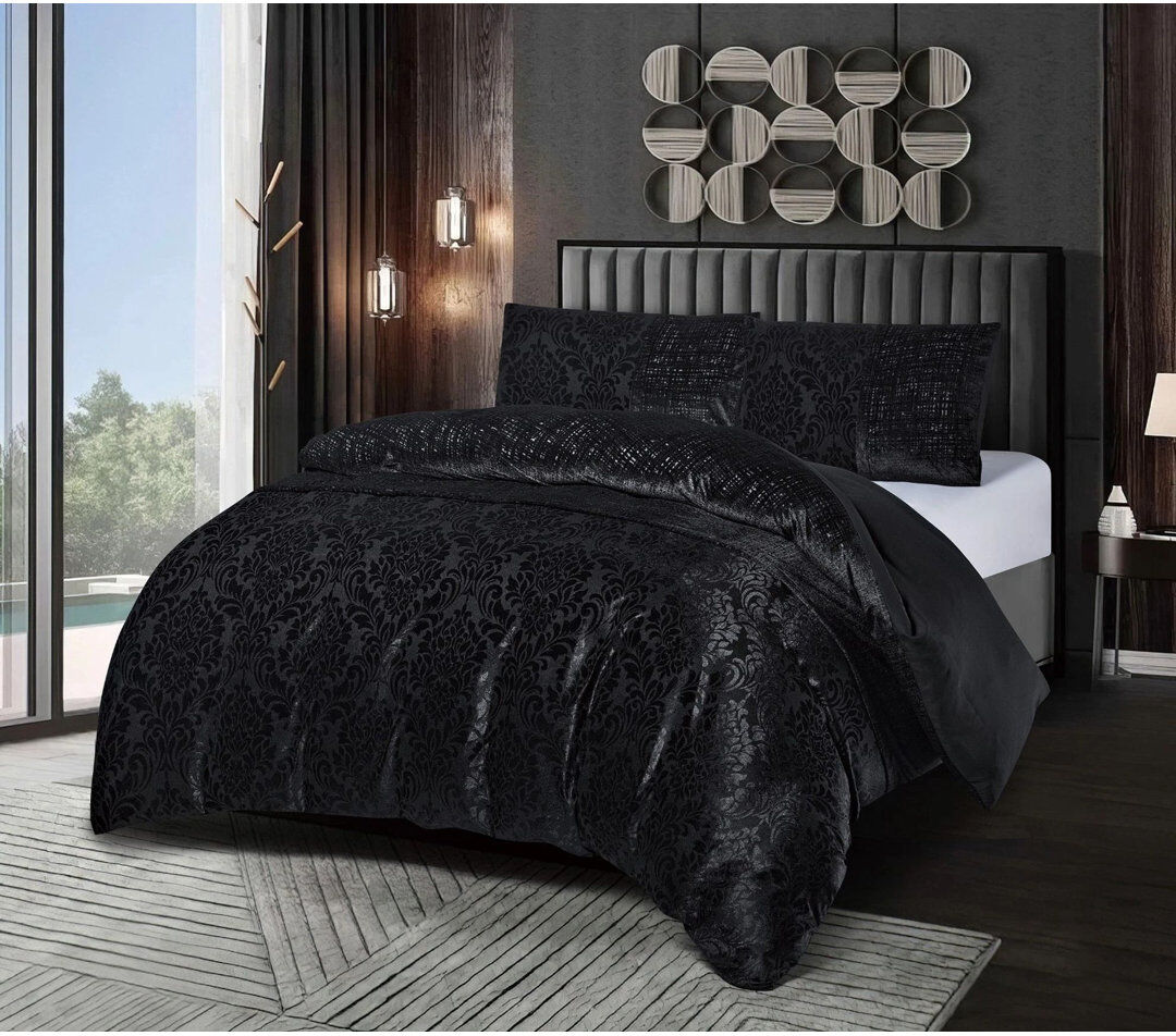 icon bedding Damask Jacquard Duvet Cover 3 Piece Velvet Bedding Set With Matching Pillowcases Black Super King Duvet Cover + 2 Standard Pillowcases