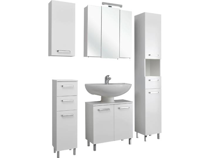 Badmöbel-Set SAPHIR Quickset 5-teilig, Waschbeckenunterschrank mit LED-Spiegelschrank , weiss (weiß glanz), Holzwerkstoff, Kastenmöbel-Sets, Badmöbel-Set, mit Hochschrank, Unterschrank, Hängeschrank, 9 Türen, inkl. Türdämpfer