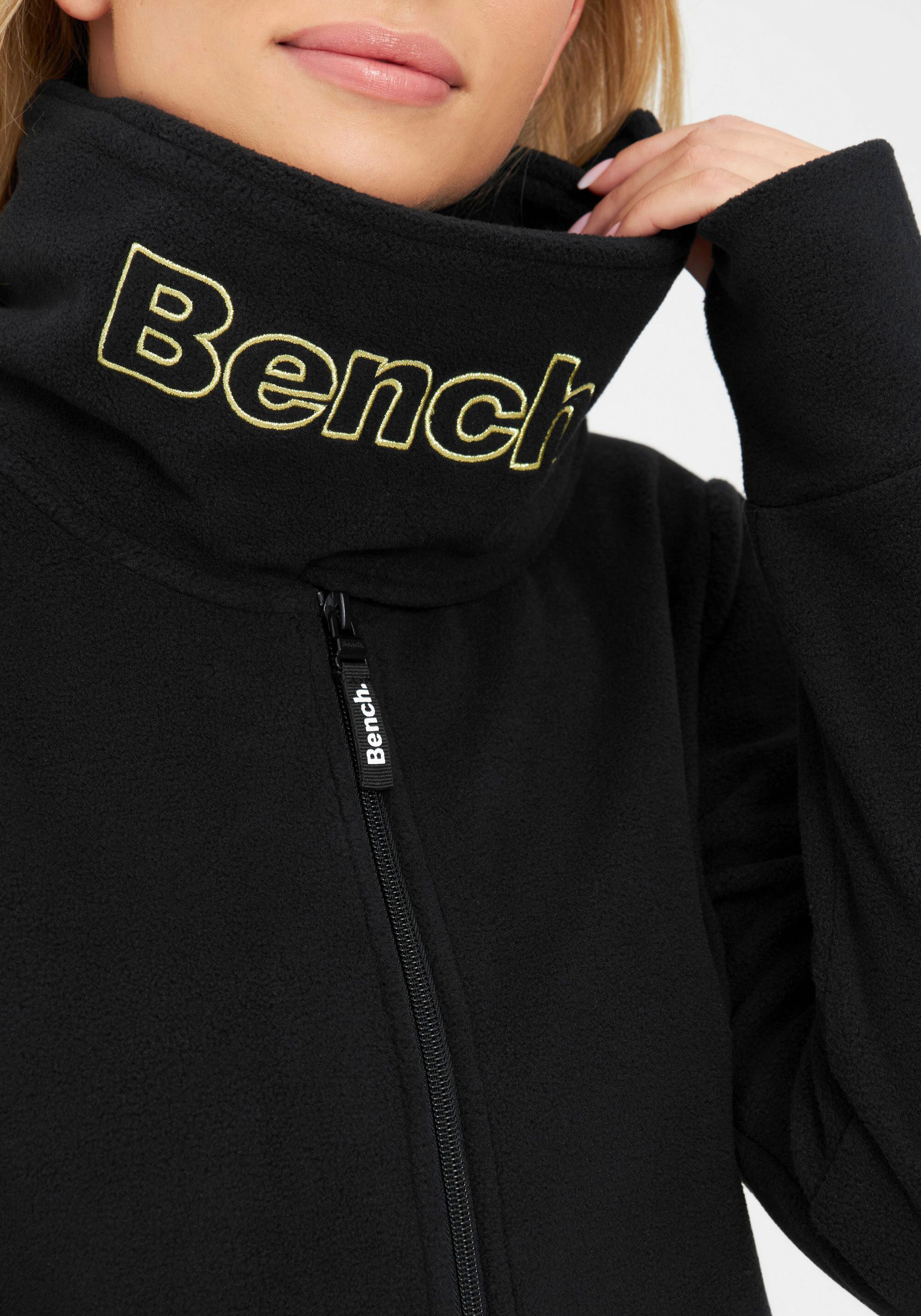 Fleecejacke BENCH. "FUNNEL", Damen, Gr. 44, schwarz, Fleece, Obermaterial: 100% Polyester, Glanzfaden, unifarben, schmal normal, Jacken Fleecejacke, mit Glitzerstickerei schwarz 44