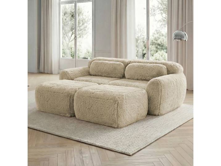 MEUBLIV Canapé modulable 2 places avec 2 ottomans 204x179x73 cm peluche kaki clair sans montage