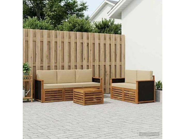 HFMDRMU Massivholz Akazie Outdoor Möbel Set 6-teilig mit Kissen, modulares Sofa für Garten Terrasse, langlebiges Design mit lackierter Oberfläche für Sonnenschutz
