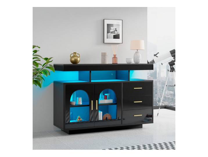 Fine Life Pro Sideboard Schwarzer LED-Buffet, 120 cm, Schubladen, 16 Farben, Sideboard für Wohnzimmer & Esszimmer, modernes Design, viel Stauraum