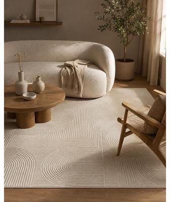 Well Woven Lafayette Arc Textured Curved Lines Area Rug, Beige Cream Tonal Neutral