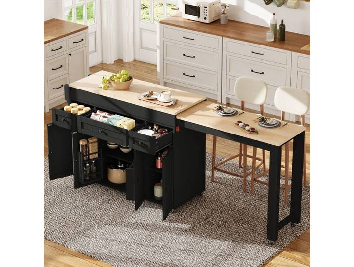 Zitty Îlot de Cuisine Noir sur Roulettes Desserte Extensible avec Tiroirs 190x45x92cm MDF Noir