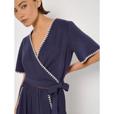 Wickelbluse APRICOT "Wickeltop aus Leinenmischung", Damen, Gr. XL (42), blau (navy), Obermaterial: 82% Viskose CV. 18% Leinen LI., unifarben, Blusen, mit besticktem Saum
