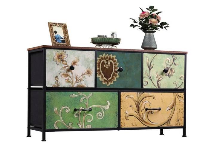 Commode - DREAMMESPACE - 5 Tiroirs - Métal Noir - Tissu - Dimensions 100x30x55.2cm