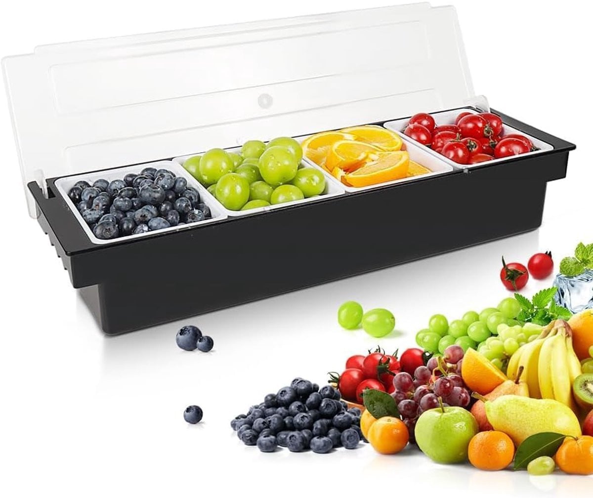 Pizza Toppings Station met 4 compartimenten, herbruikbare ingrediënten dispenser in zwart, wit of transparant