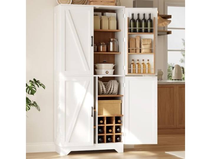 Merax Küchenschrank 180 cm, 4 Scheunentüren, Mehrzweckschrank, Aufbewahrungsschrank für Wohnzimmer und Esszimmer, 80x40x180 cm, Vorratsschrank mit Weinregal und Türregal, Weiß