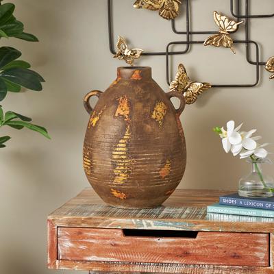 ARCILLA ELEMENTAL Brown Ceramic Antique Style Distressed Decorative Vase with Grooves and Handles
