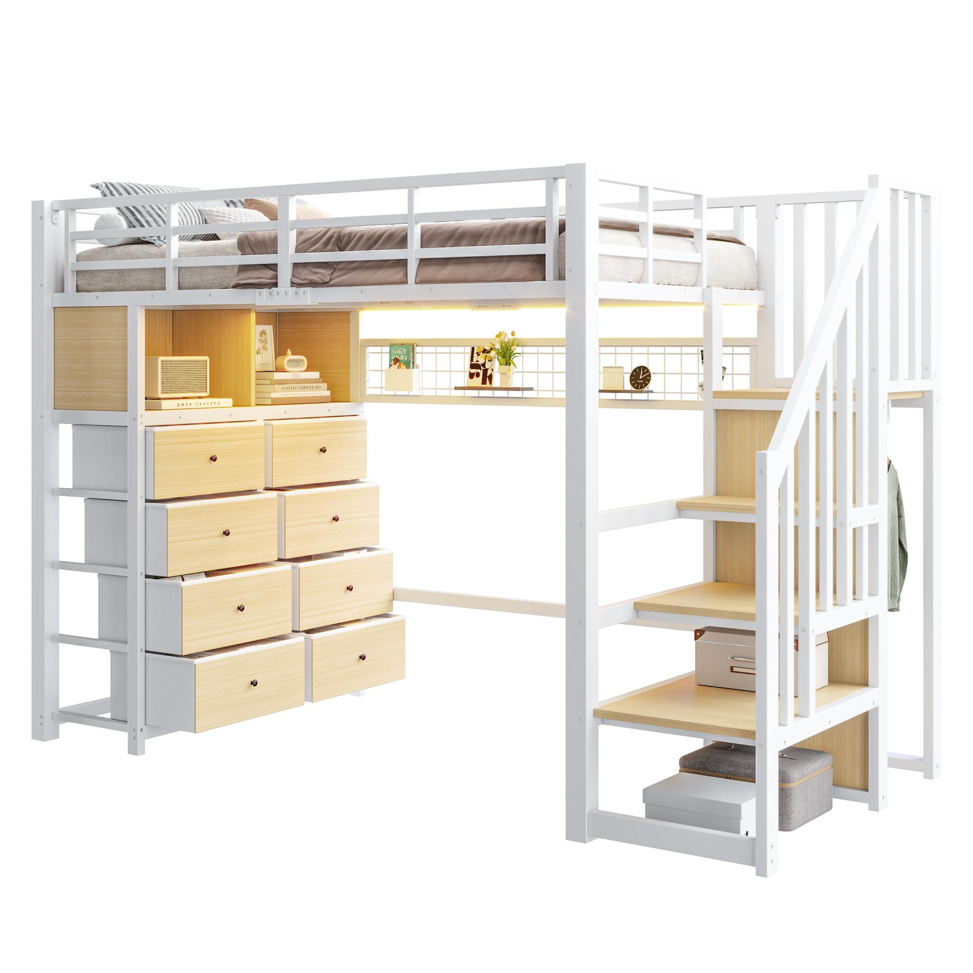Metall-Kinderhochbett 90x200 cm, Weiß, mit 8 Schubladen, LED, Regalen, ohne Matratze